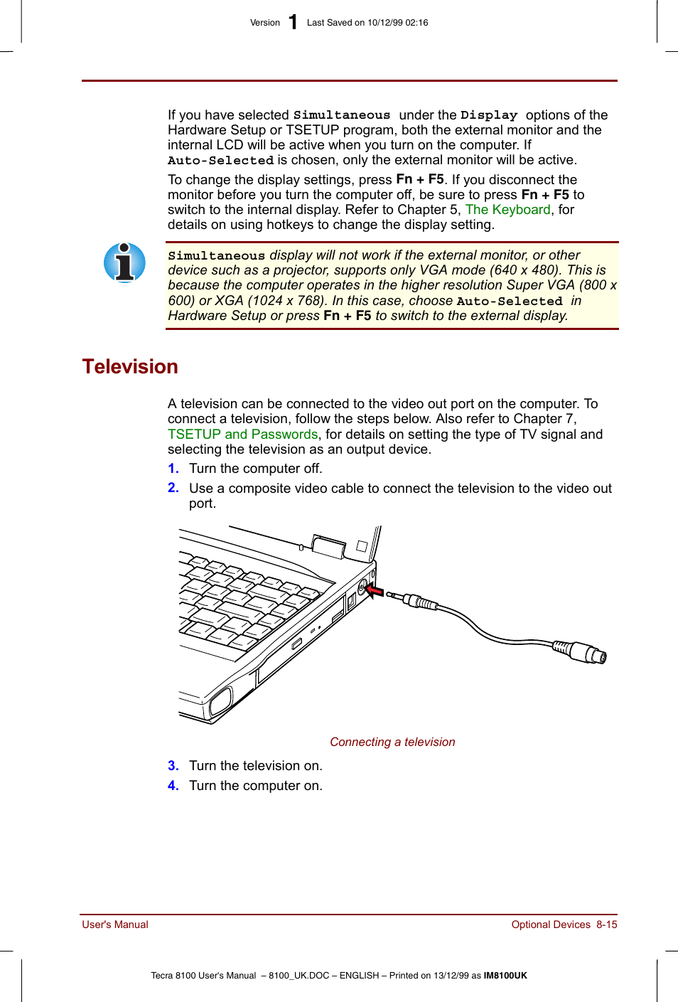 Television, Television -15 | Toshiba Tecra 8100 User Manual | Page 137 / 226