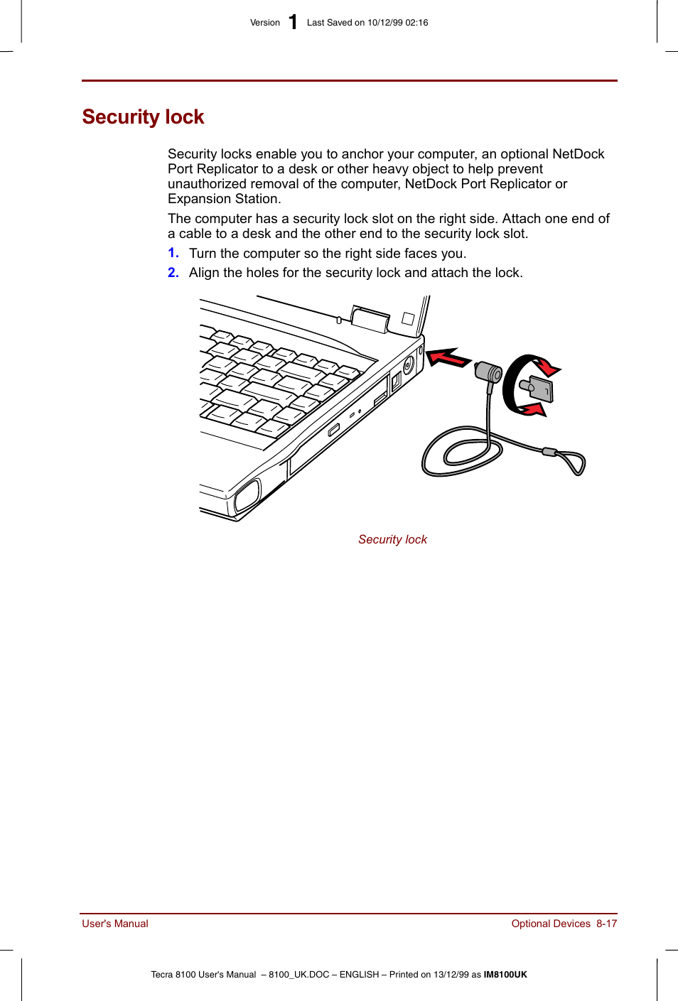Security lock, Security lock -17 | Toshiba Tecra 8100 User Manual | Page 139 / 226