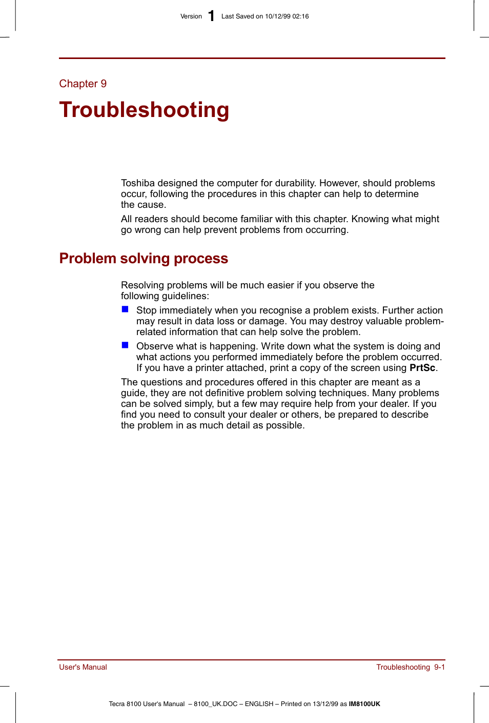 Chapter 9, Troubleshooting, Problem solving process | Chapter 9 troubleshooting, Problem solving process -1, Prov | Toshiba Tecra 8100 User Manual | Page 141 / 226