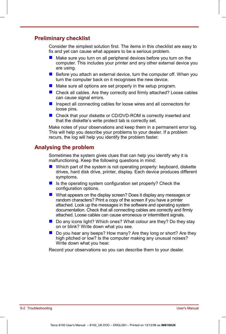 Preliminary checklist -2 analysing the problem -2, Preliminary checklist, Analysing the problem | Toshiba Tecra 8100 User Manual | Page 142 / 226