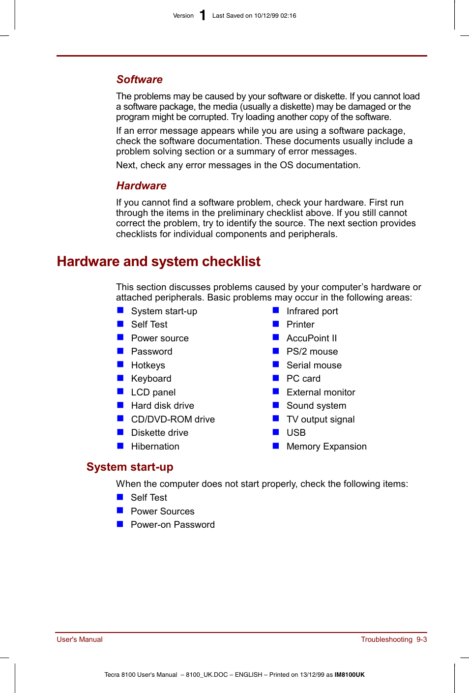 Hardware and system checklist, Hardware and system checklist -3, System start-up -3 | Toshiba Tecra 8100 User Manual | Page 143 / 226