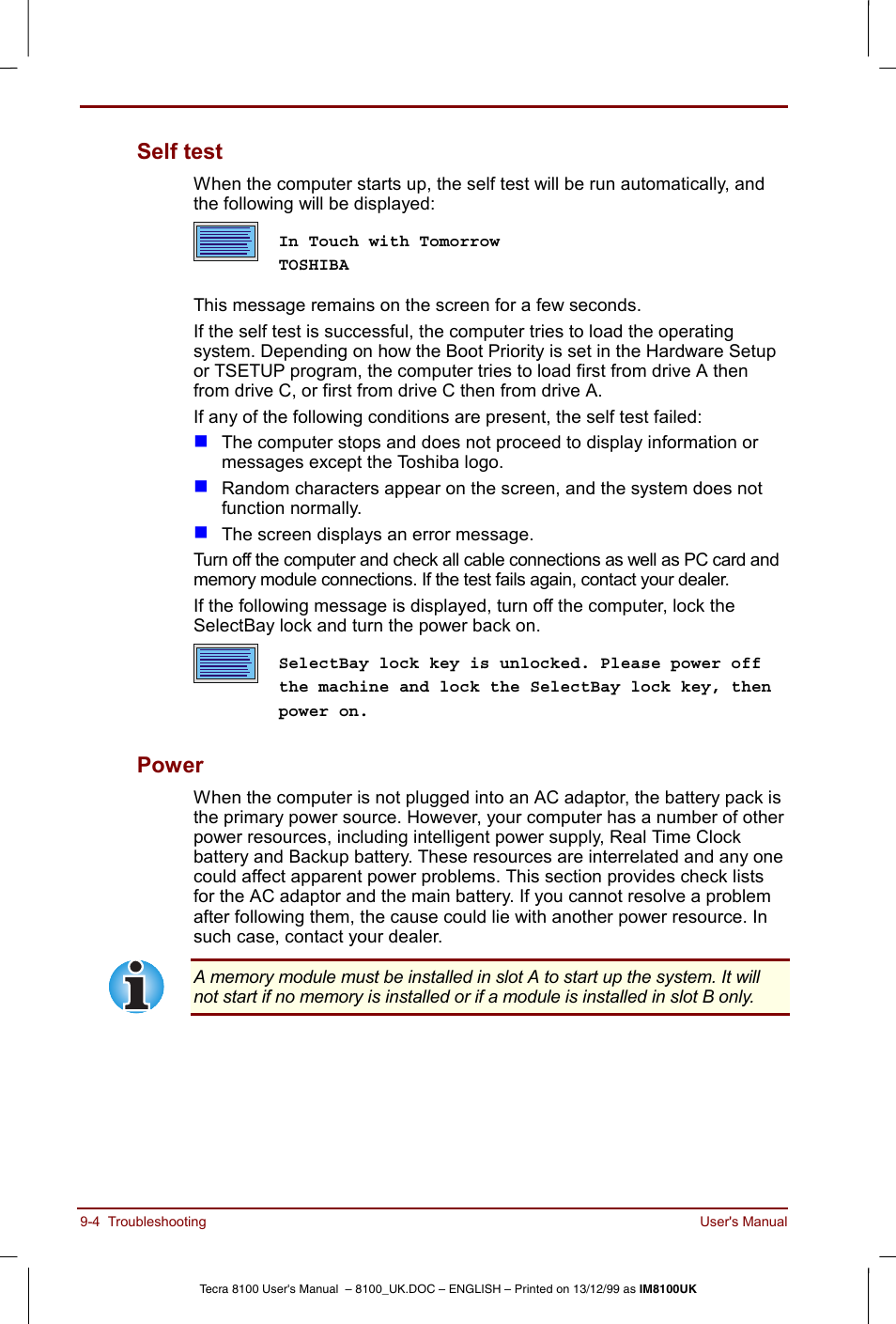 Self test -4 power -4, Self test, Power | Toshiba Tecra 8100 User Manual | Page 144 / 226