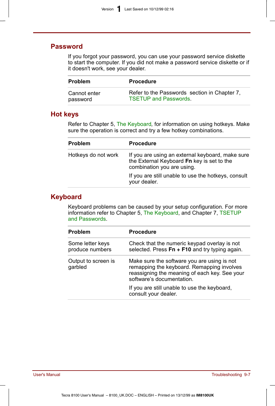 Password -7 hot keys -7 keyboard -7, Password, Hot keys | Keyboard | Toshiba Tecra 8100 User Manual | Page 147 / 226