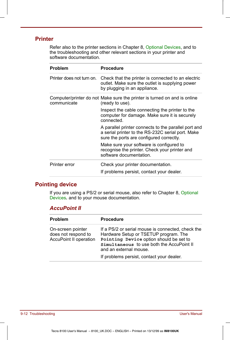 Printer -12 pointing device -12, Printer, Pointing device | Toshiba Tecra 8100 User Manual | Page 152 / 226