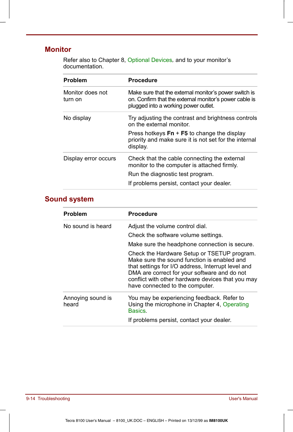 Monitor -14 sound system -14, Monitor, Sound system | Toshiba Tecra 8100 User Manual | Page 154 / 226