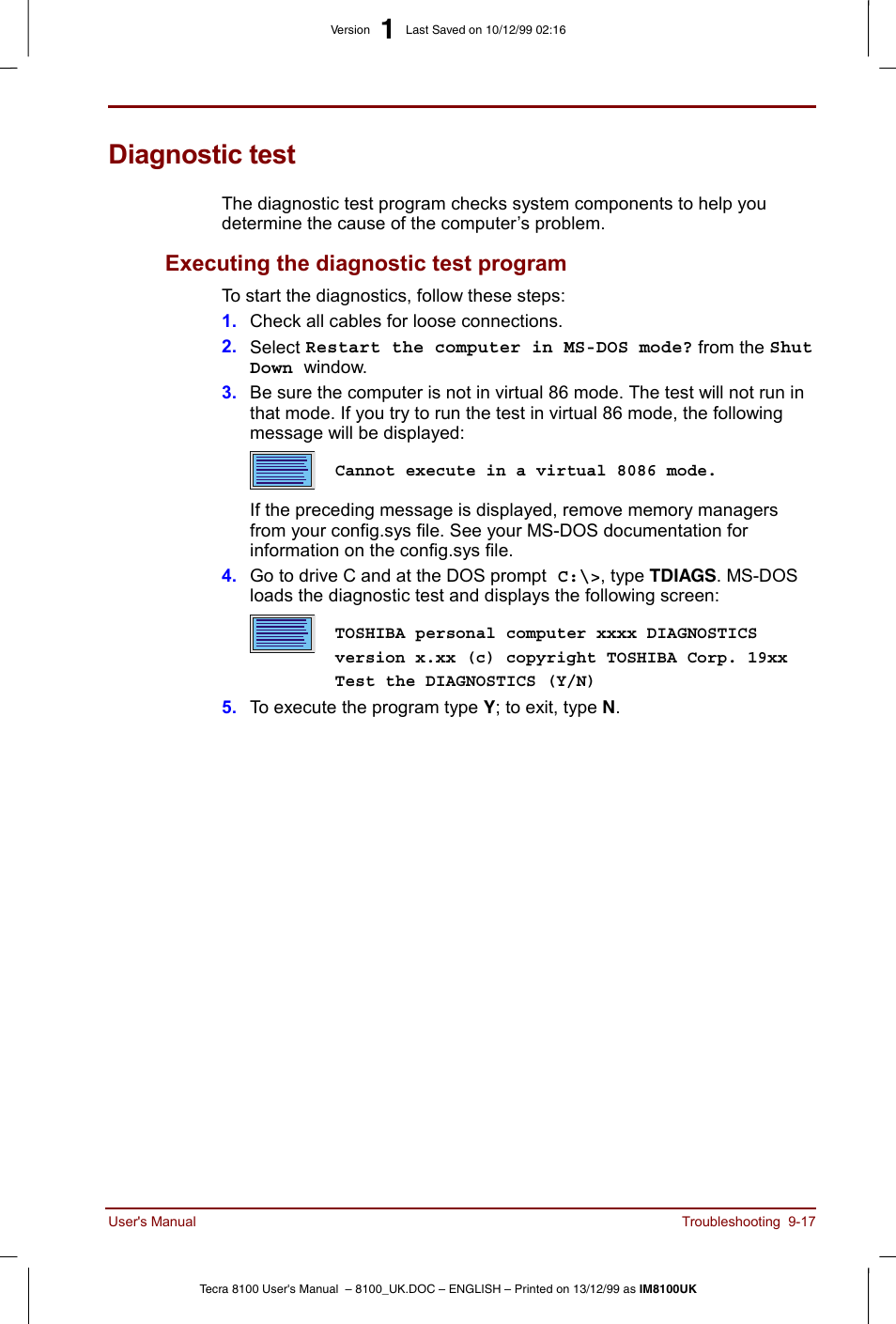 Diagnostic test, Diagnostic test -17, Executing the diagnostic test program -17 | Executing the diagnostic test program | Toshiba Tecra 8100 User Manual | Page 157 / 226