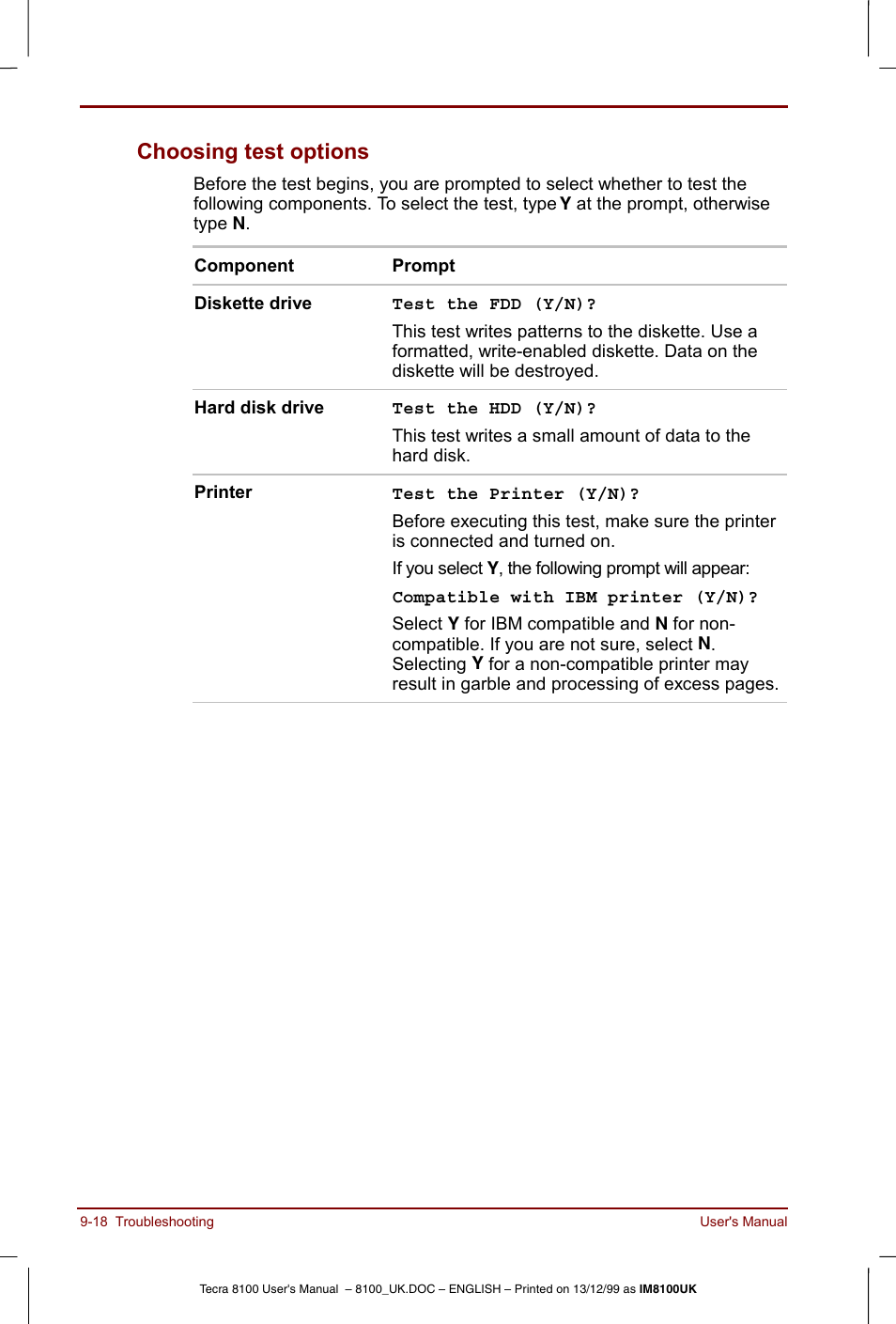 Choosing test options -18, Choosing test options | Toshiba Tecra 8100 User Manual | Page 158 / 226