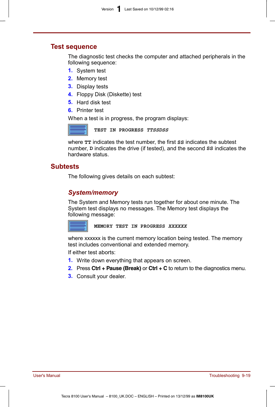 Test sequence -19 subtests -19, Test sequence, Subtests | Toshiba Tecra 8100 User Manual | Page 159 / 226
