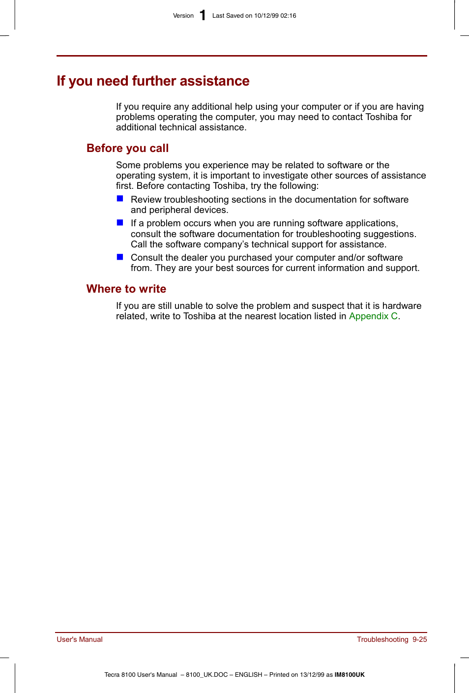 If you need further assistance, If you need further assistance -25, Before you call -25 where to write -25 | Before you call, Where to write | Toshiba Tecra 8100 User Manual | Page 165 / 226