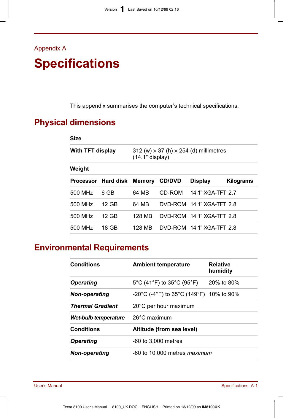 Appendix a, Specifications, Appendix | Physical dimensions, Environmental requirements | Toshiba Tecra 8100 User Manual | Page 167 / 226