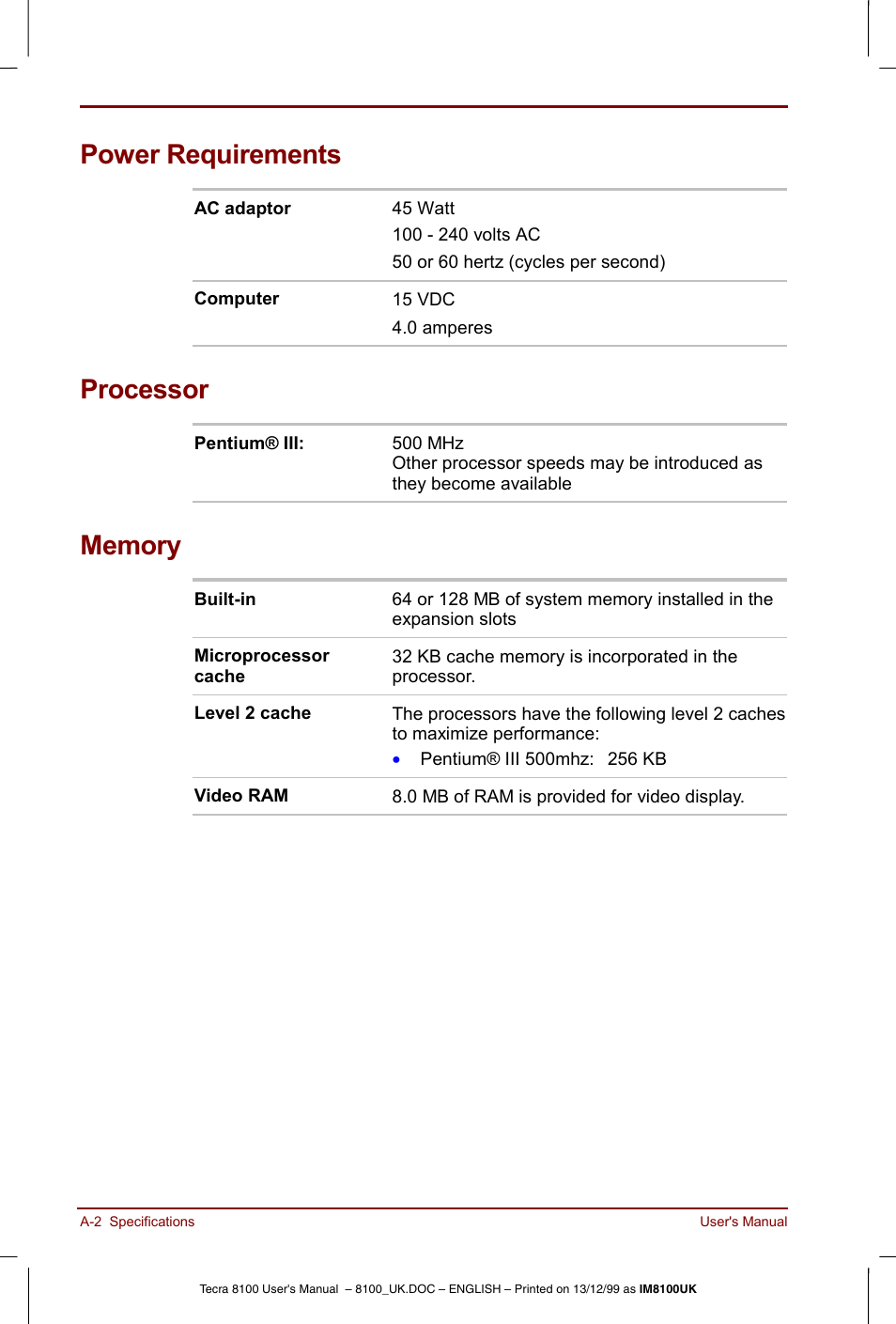 Power requirements, Processor | Toshiba Tecra 8100 User Manual | Page 168 / 226