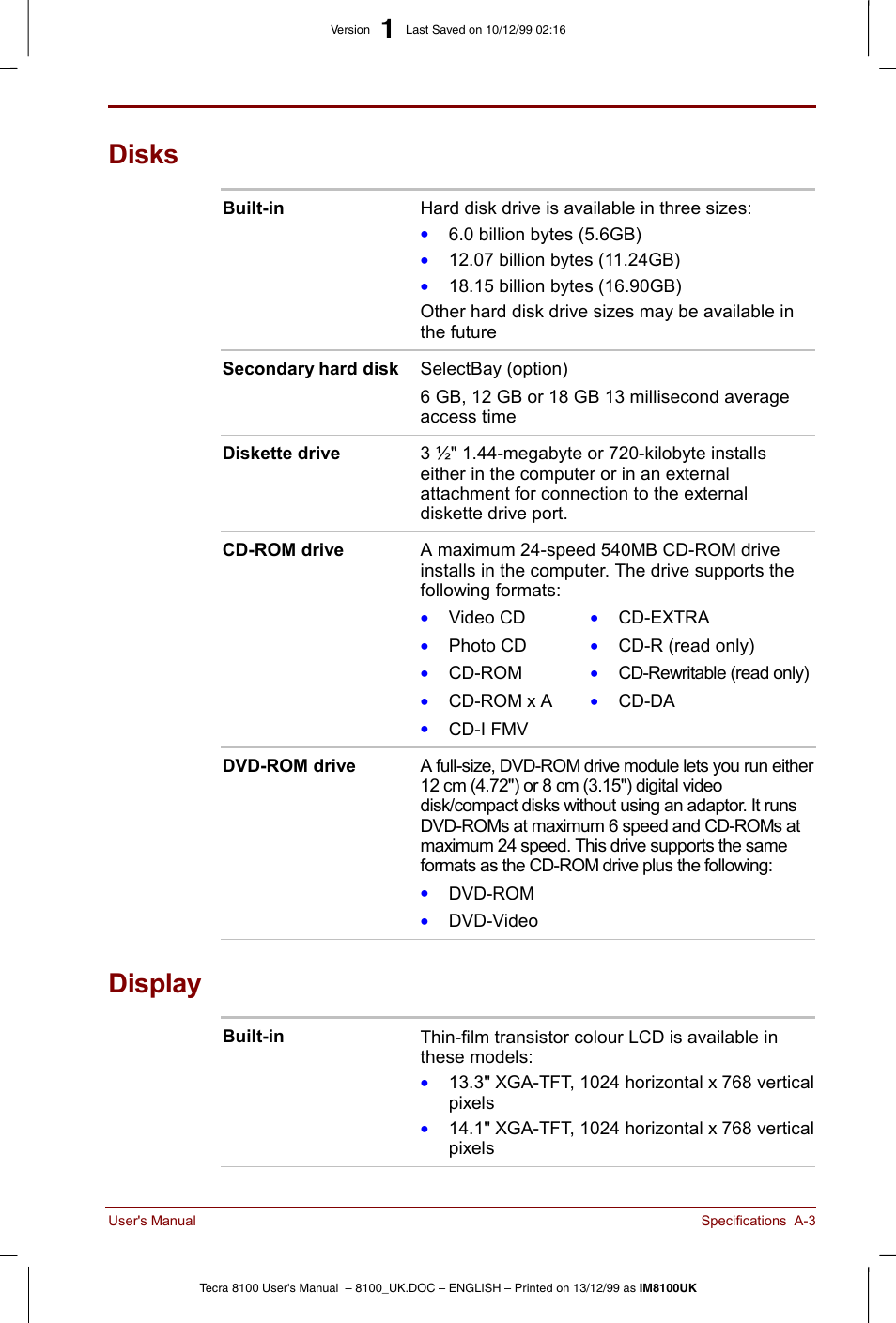 Disks, Display | Toshiba Tecra 8100 User Manual | Page 169 / 226