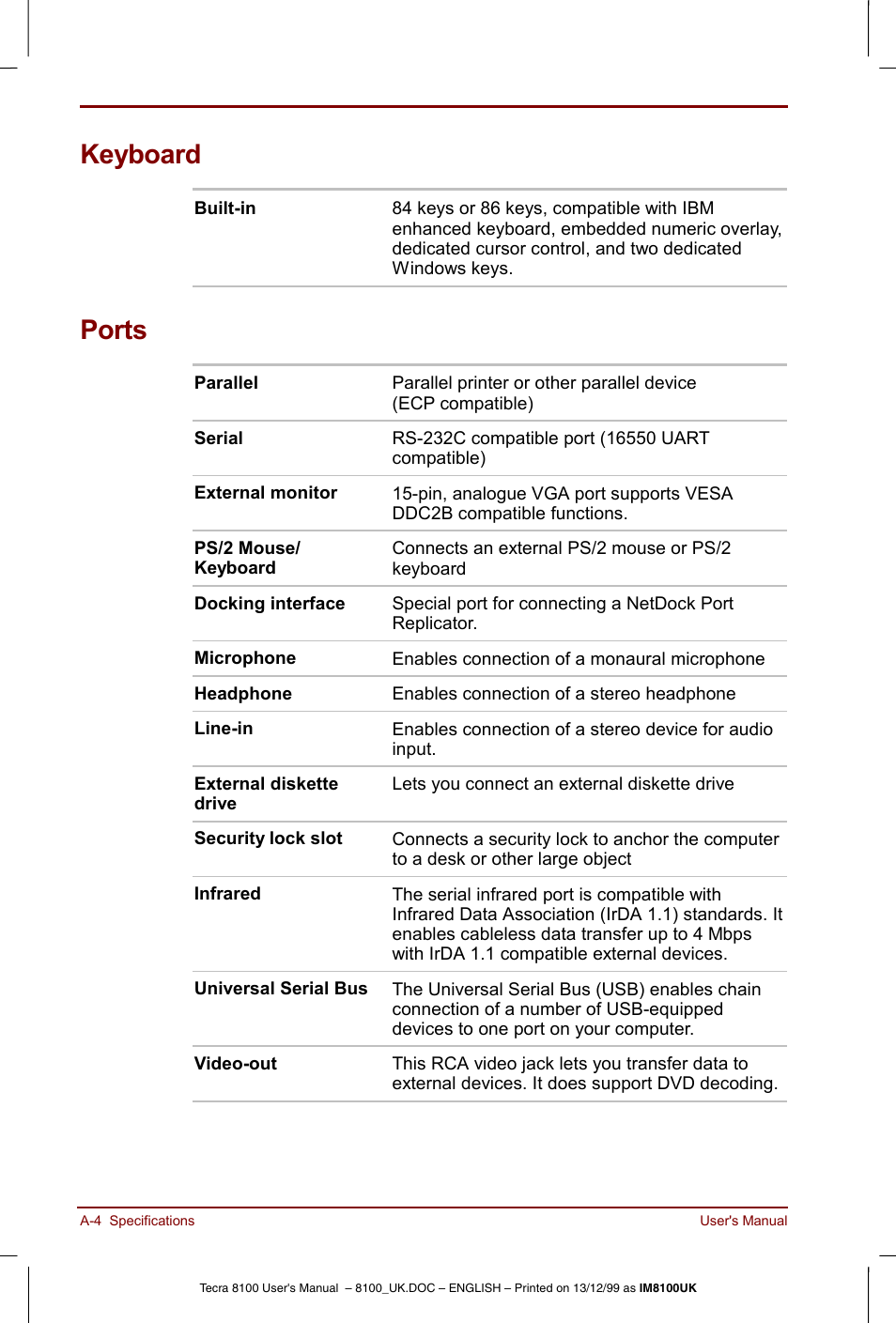 Keyboard, Ports | Toshiba Tecra 8100 User Manual | Page 170 / 226