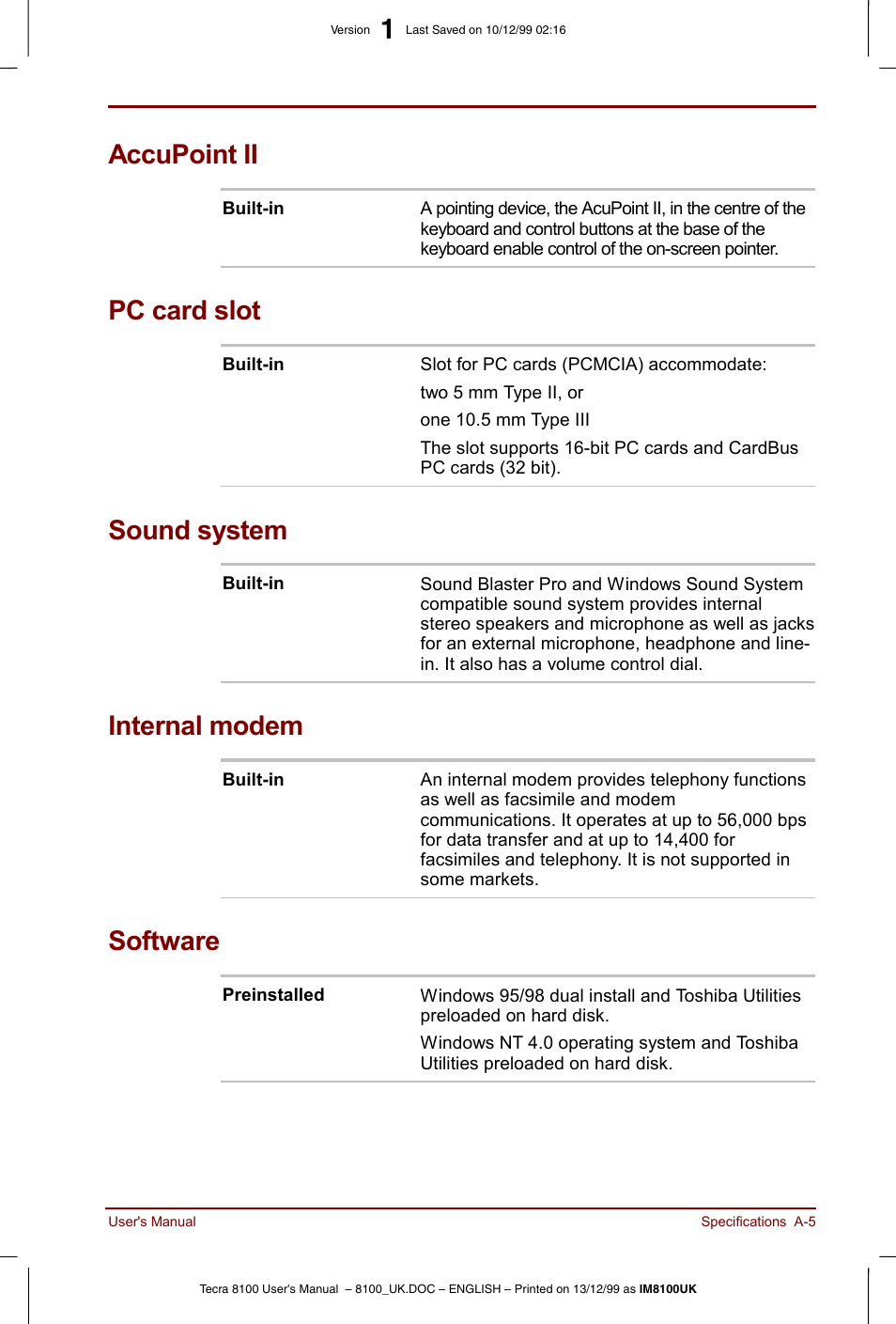 Accupoint ii, Pc card slot, Sound system | Internal modem, Software | Toshiba Tecra 8100 User Manual | Page 171 / 226