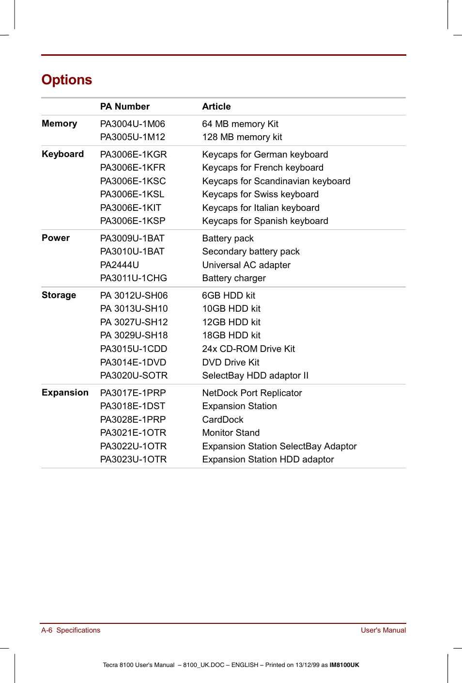 Options | Toshiba Tecra 8100 User Manual | Page 172 / 226