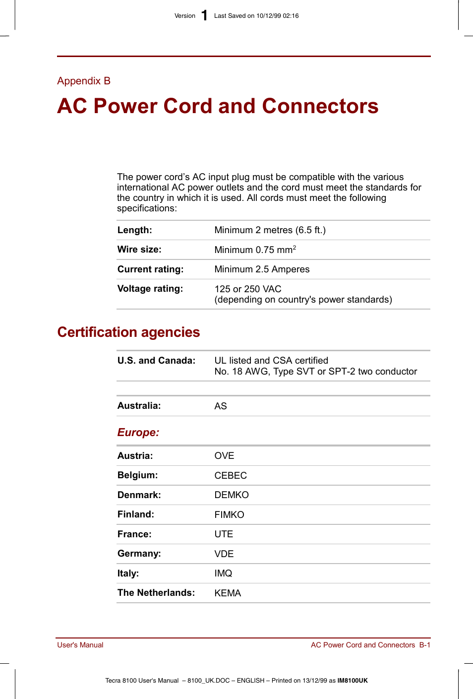 Appendix b, Ac power cord and connectors, Certification agencies | Toshiba Tecra 8100 User Manual | Page 173 / 226