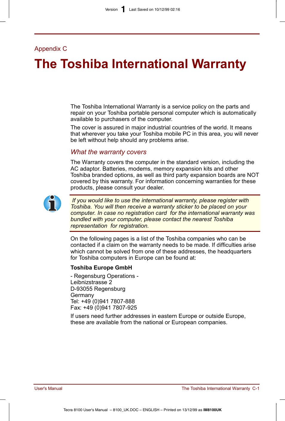 Appendix c, The toshiba international warranty | Toshiba Tecra 8100 User Manual | Page 175 / 226