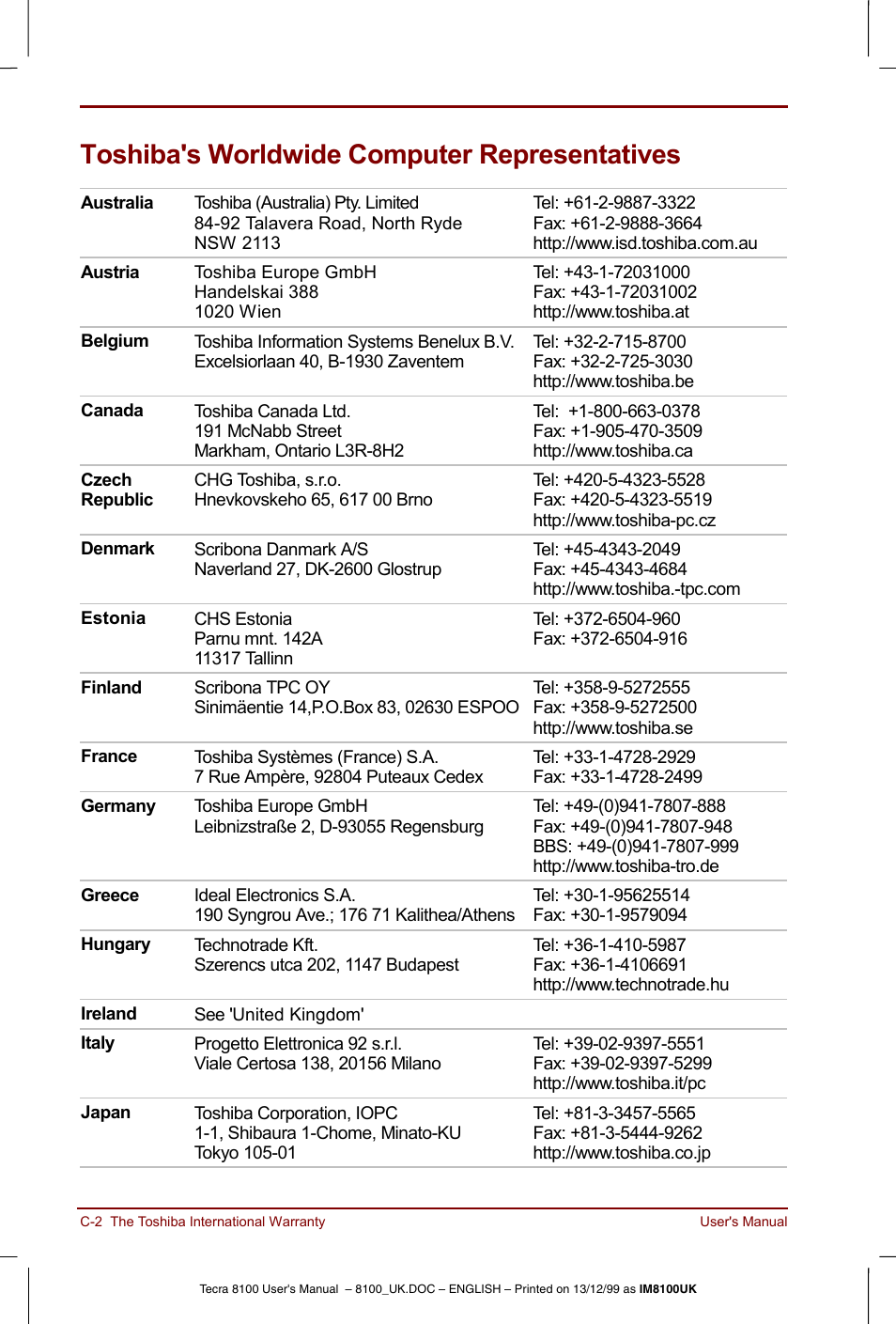 Toshiba's worldwide computer representatives | Toshiba Tecra 8100 User Manual | Page 176 / 226