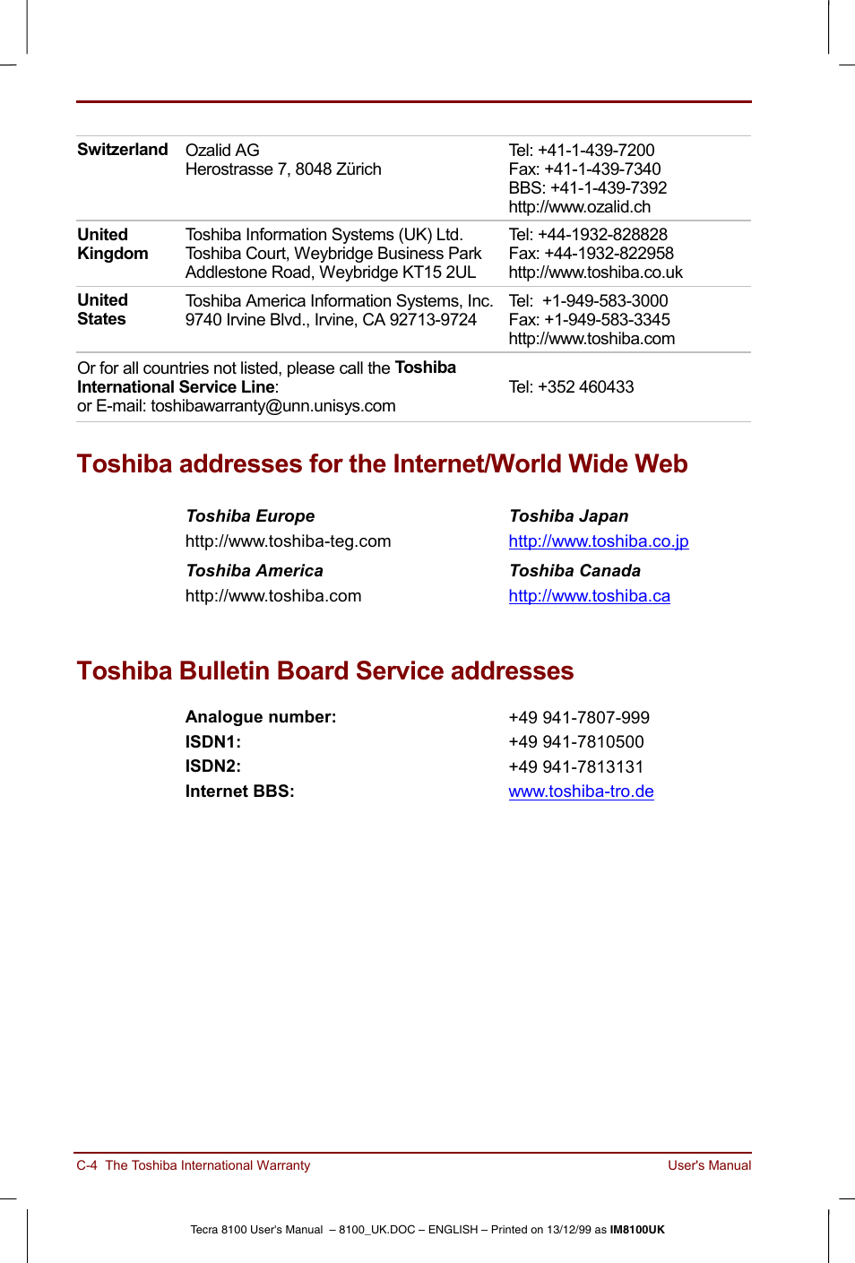 Toshiba addresses for the internet/world wide web, Toshiba bulletin board service addresses | Toshiba Tecra 8100 User Manual | Page 178 / 226