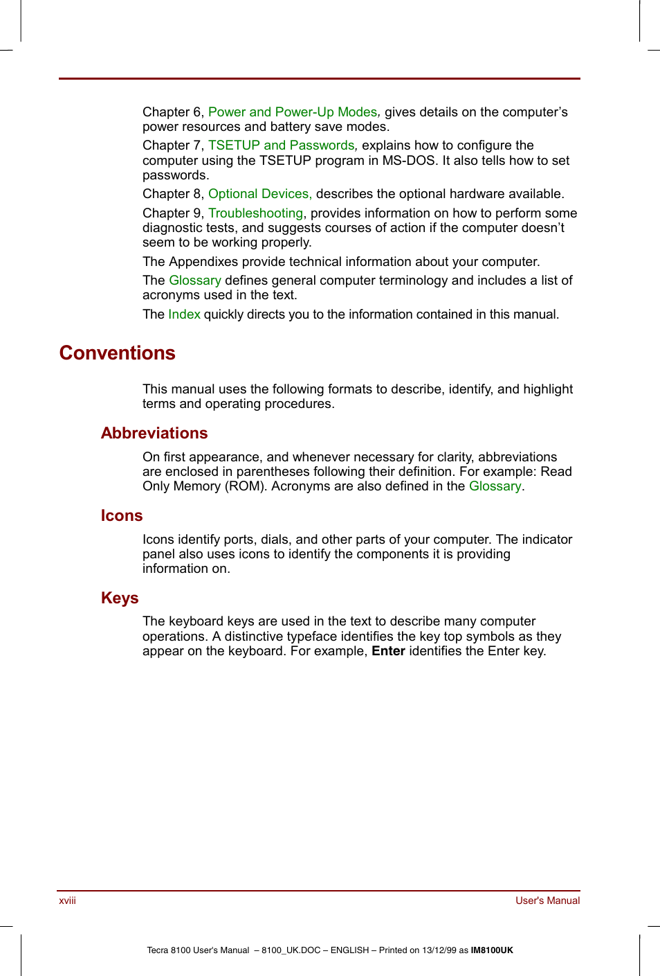 Conventions, Abbreviations, Icons | Keys | Toshiba Tecra 8100 User Manual | Page 18 / 226