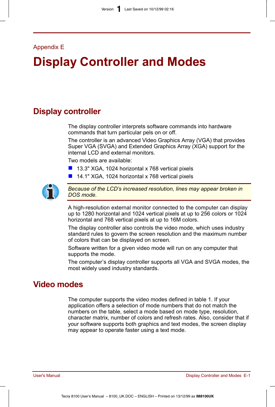 Appendix e, Display controller and modes, Display controller | Video modes | Toshiba Tecra 8100 User Manual | Page 185 / 226