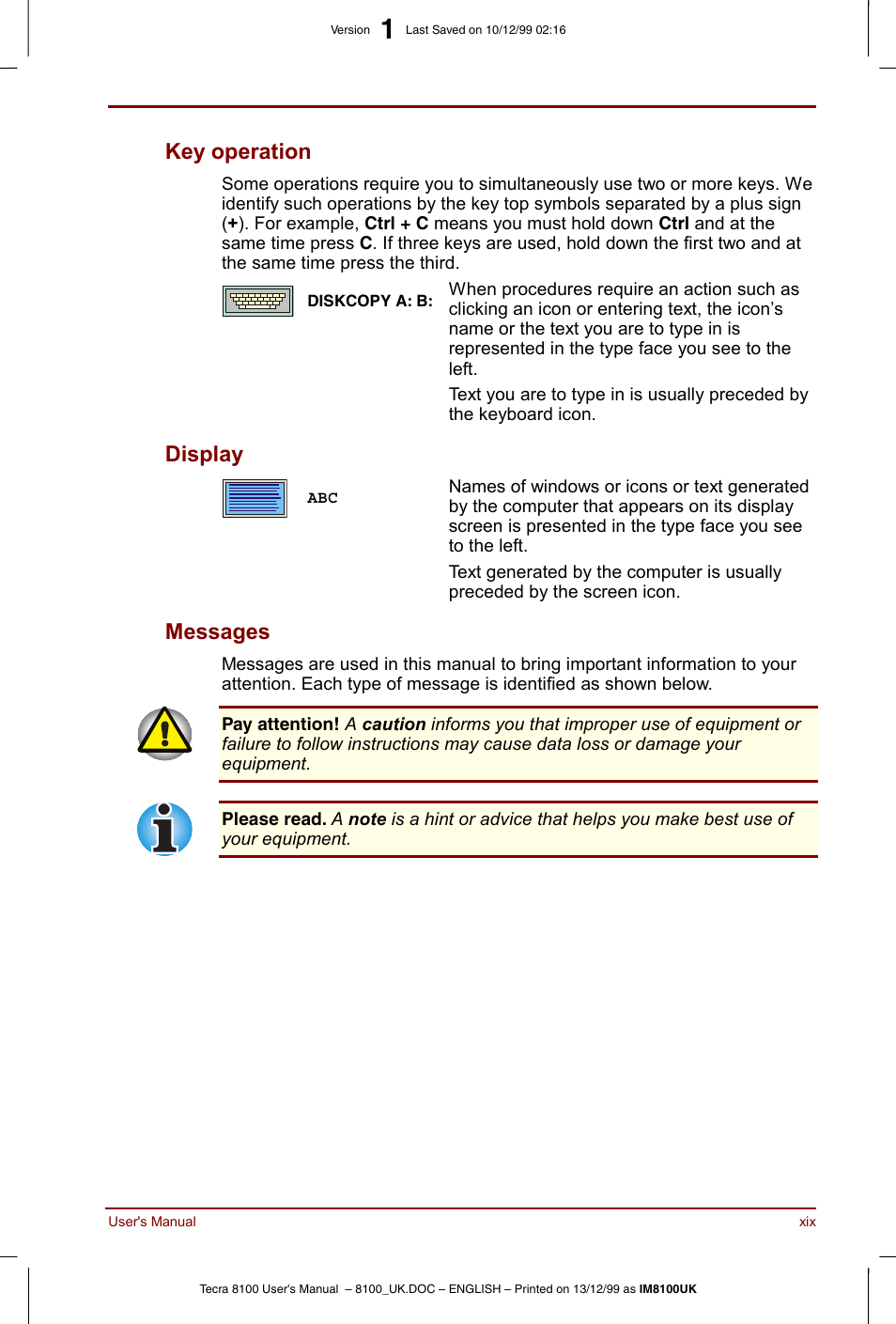 Key operation, Display, Messages | Toshiba Tecra 8100 User Manual | Page 19 / 226