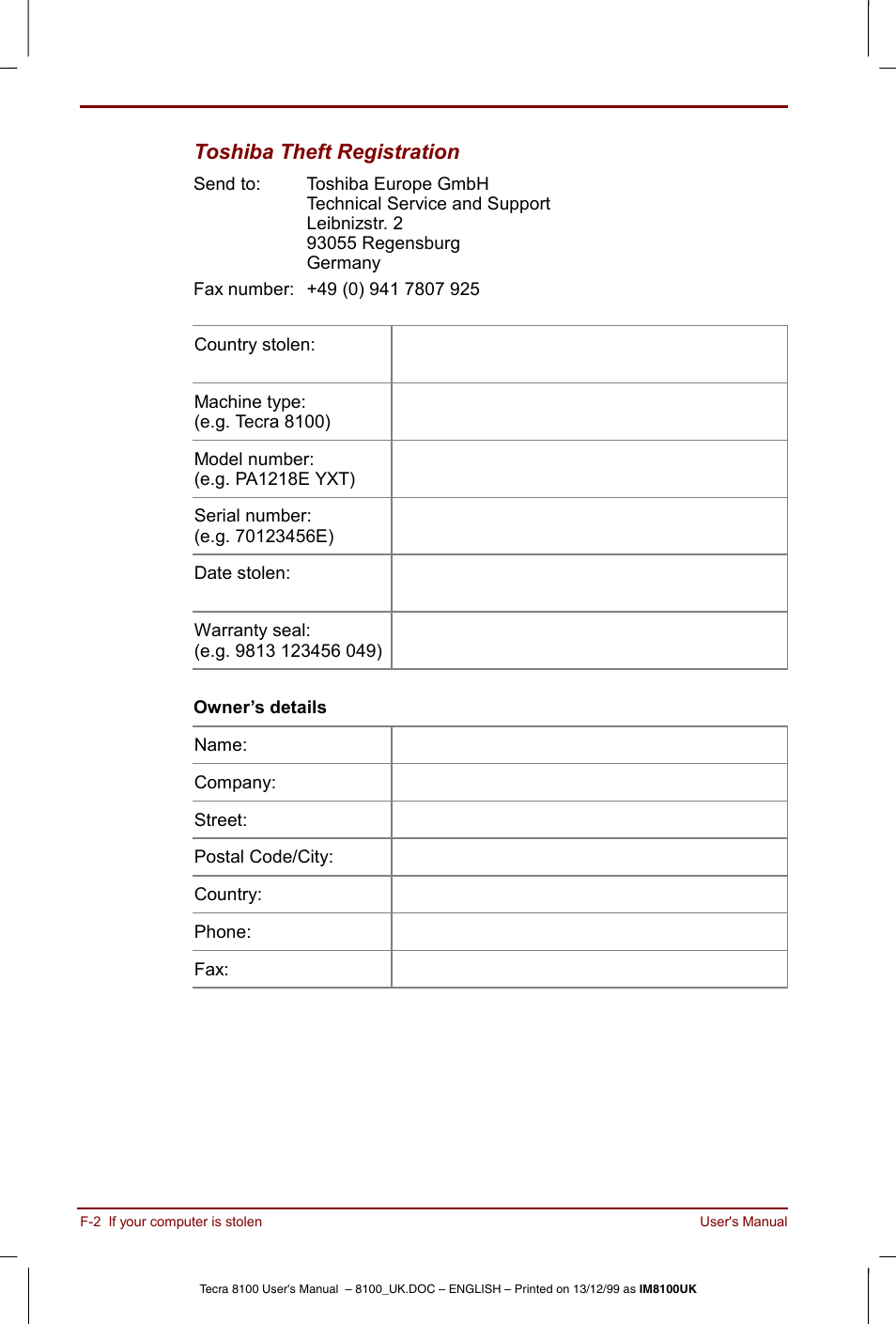 Toshiba theft registration | Toshiba Tecra 8100 User Manual | Page 190 / 226