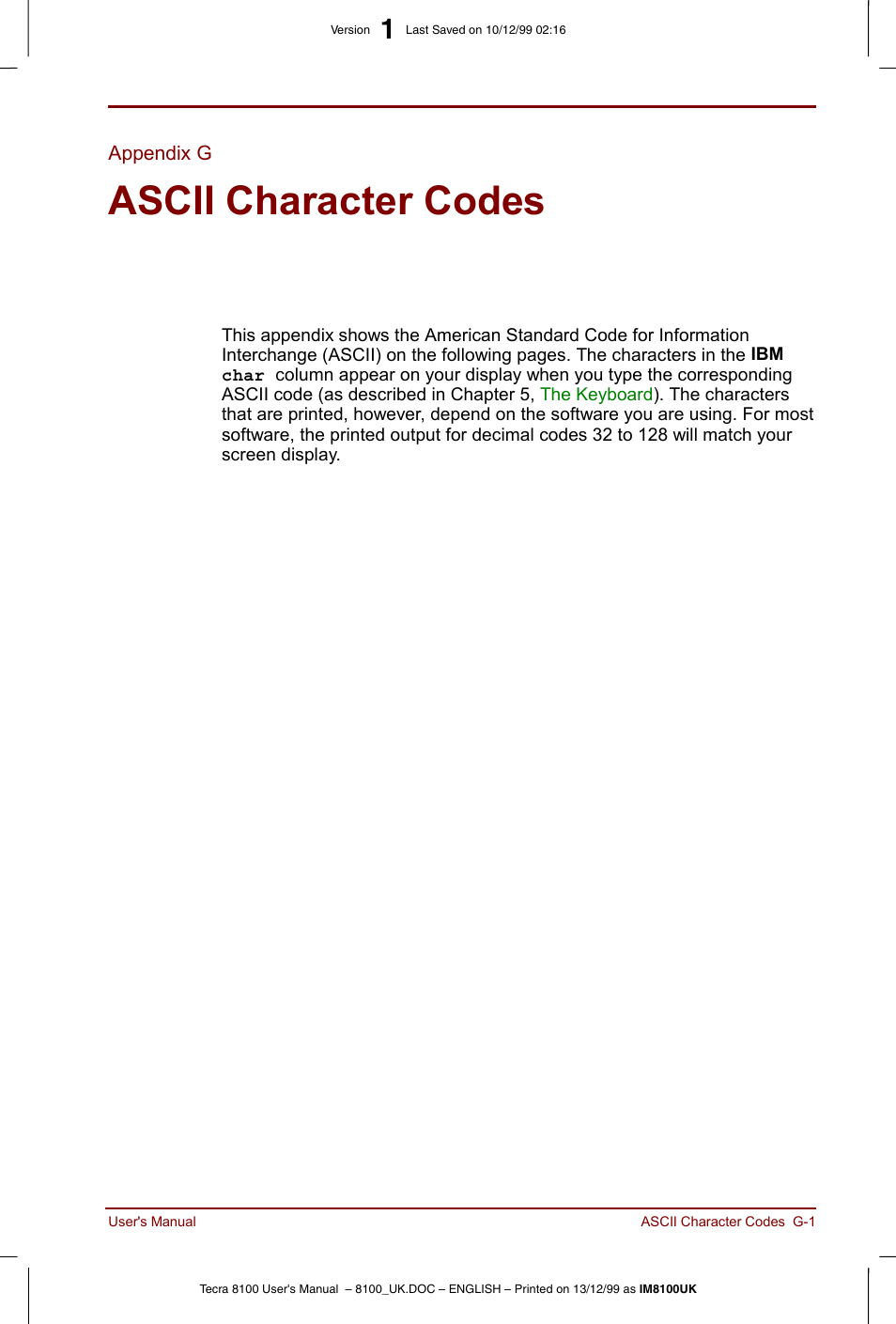 Appendix g, Ascii character codes | Toshiba Tecra 8100 User Manual | Page 191 / 226