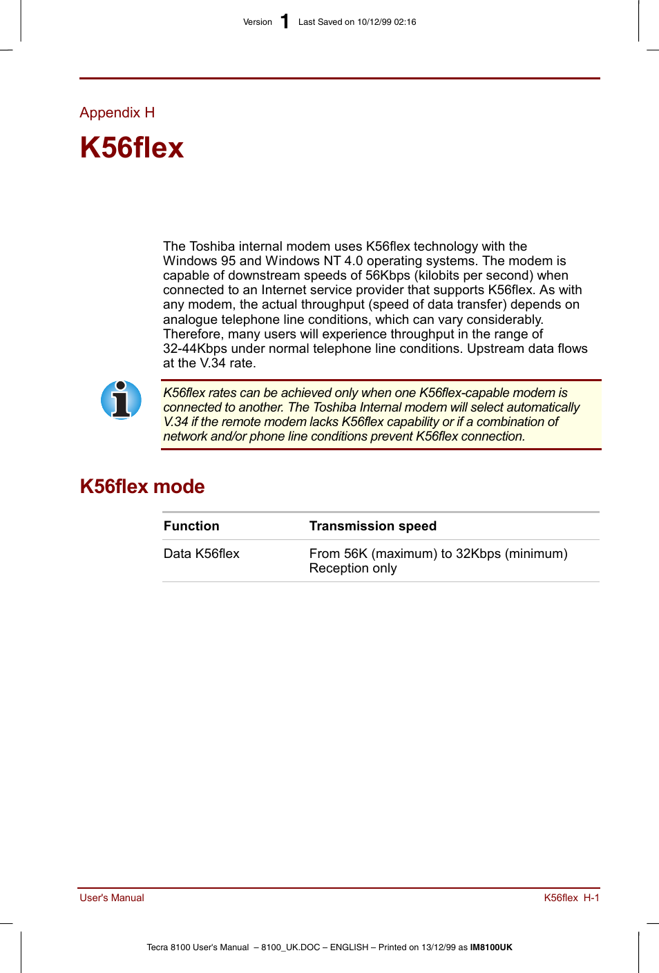 Appendix h, K56flex, K56flex mode | Toshiba Tecra 8100 User Manual | Page 197 / 226