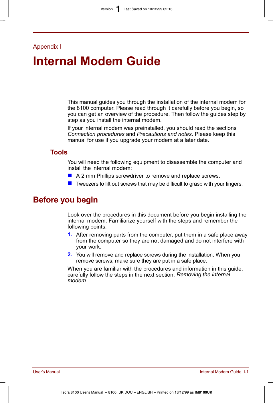 Appendix i, Internal modem guide, Before you begin | Toshiba Tecra 8100 User Manual | Page 199 / 226