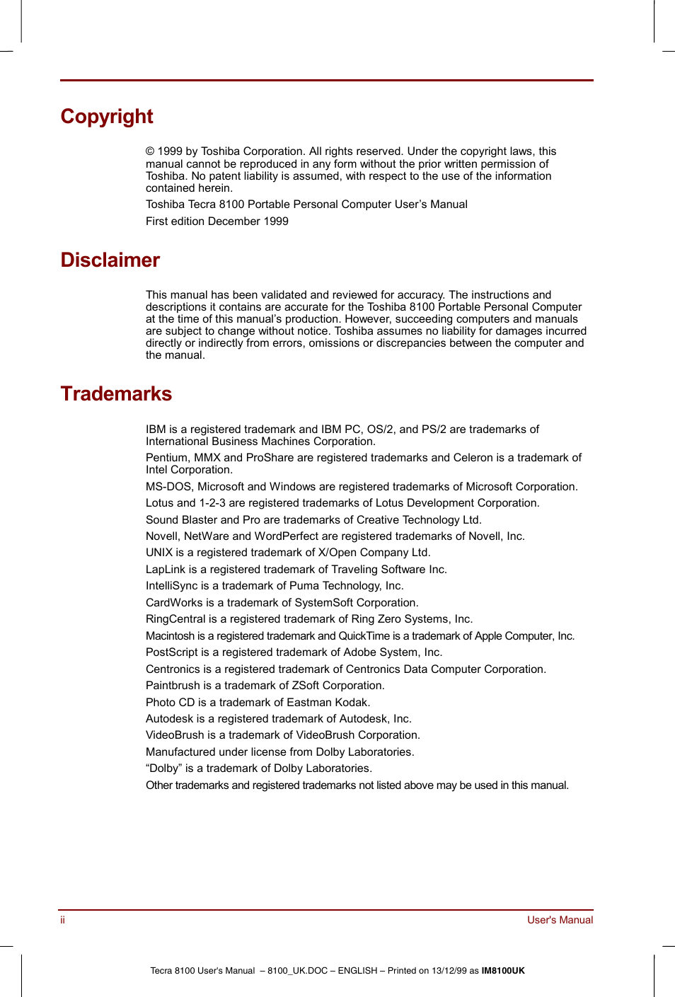 Copyright, Disclaimer, Trademarks | Toshiba Tecra 8100 User Manual | Page 2 / 226