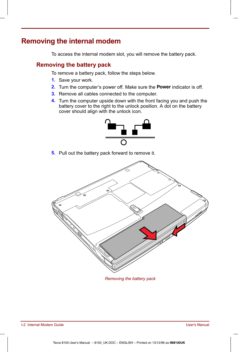 Removing the internal modem, Removing the battery pack | Toshiba Tecra 8100 User Manual | Page 200 / 226