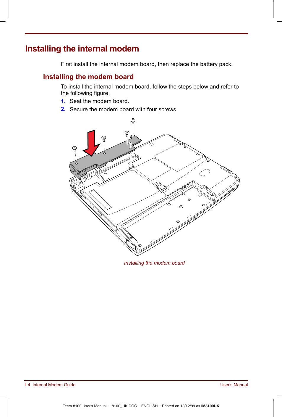 Installing the internal modem, Installing the modem board | Toshiba Tecra 8100 User Manual | Page 202 / 226