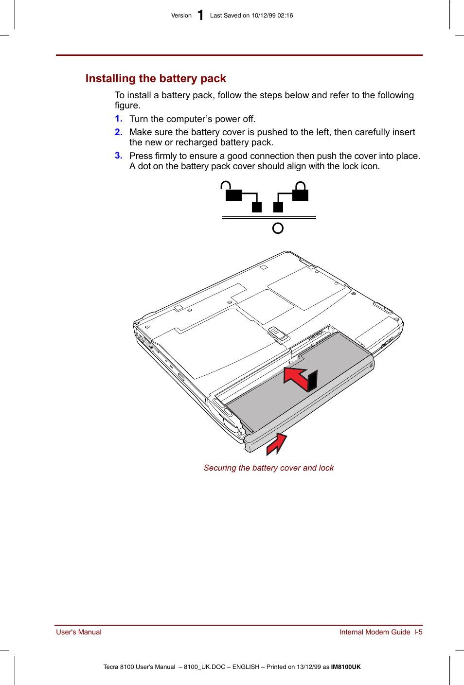 Installing the battery pack | Toshiba Tecra 8100 User Manual | Page 203 / 226