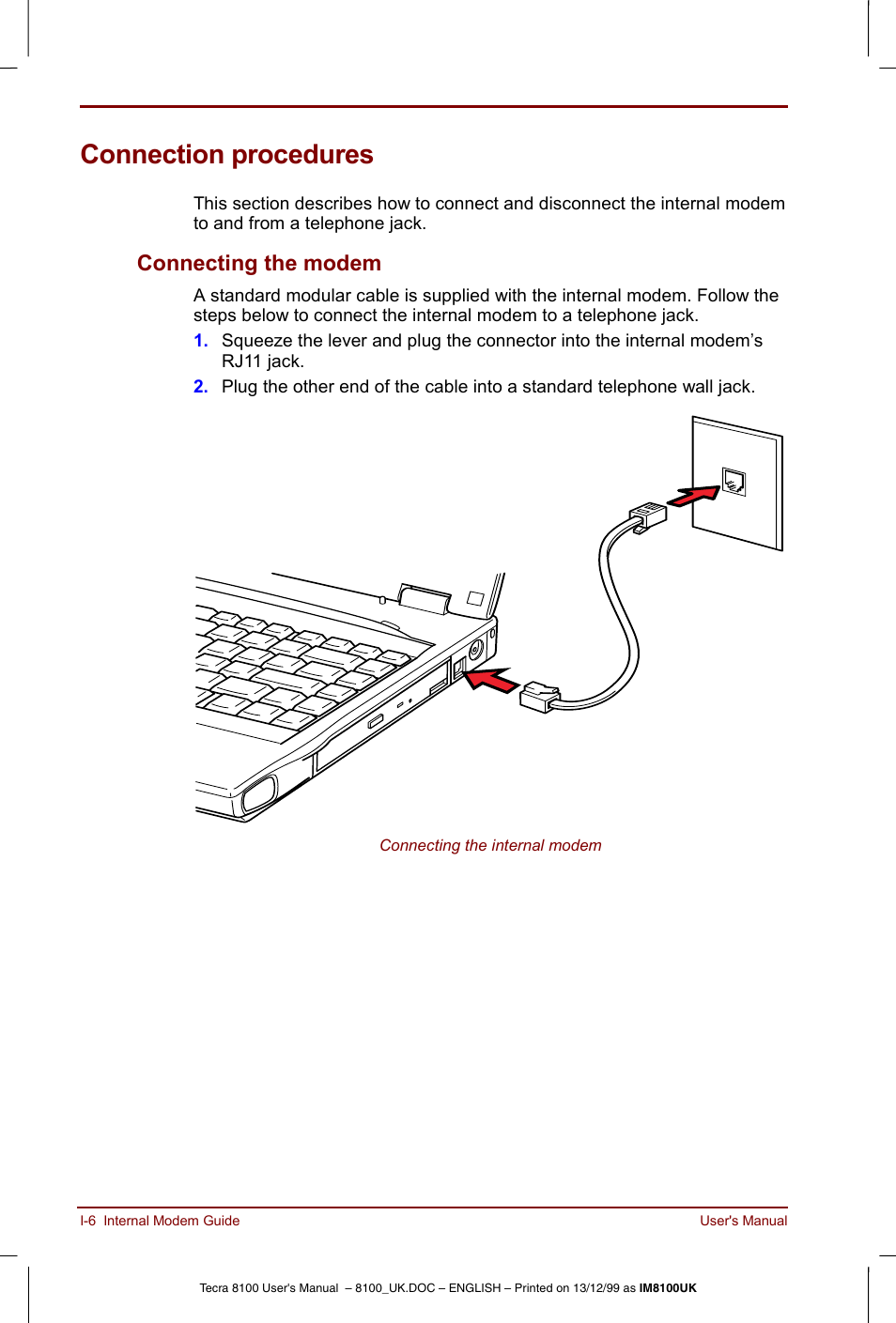 Connection procedures, Connecting the modem | Toshiba Tecra 8100 User Manual | Page 204 / 226