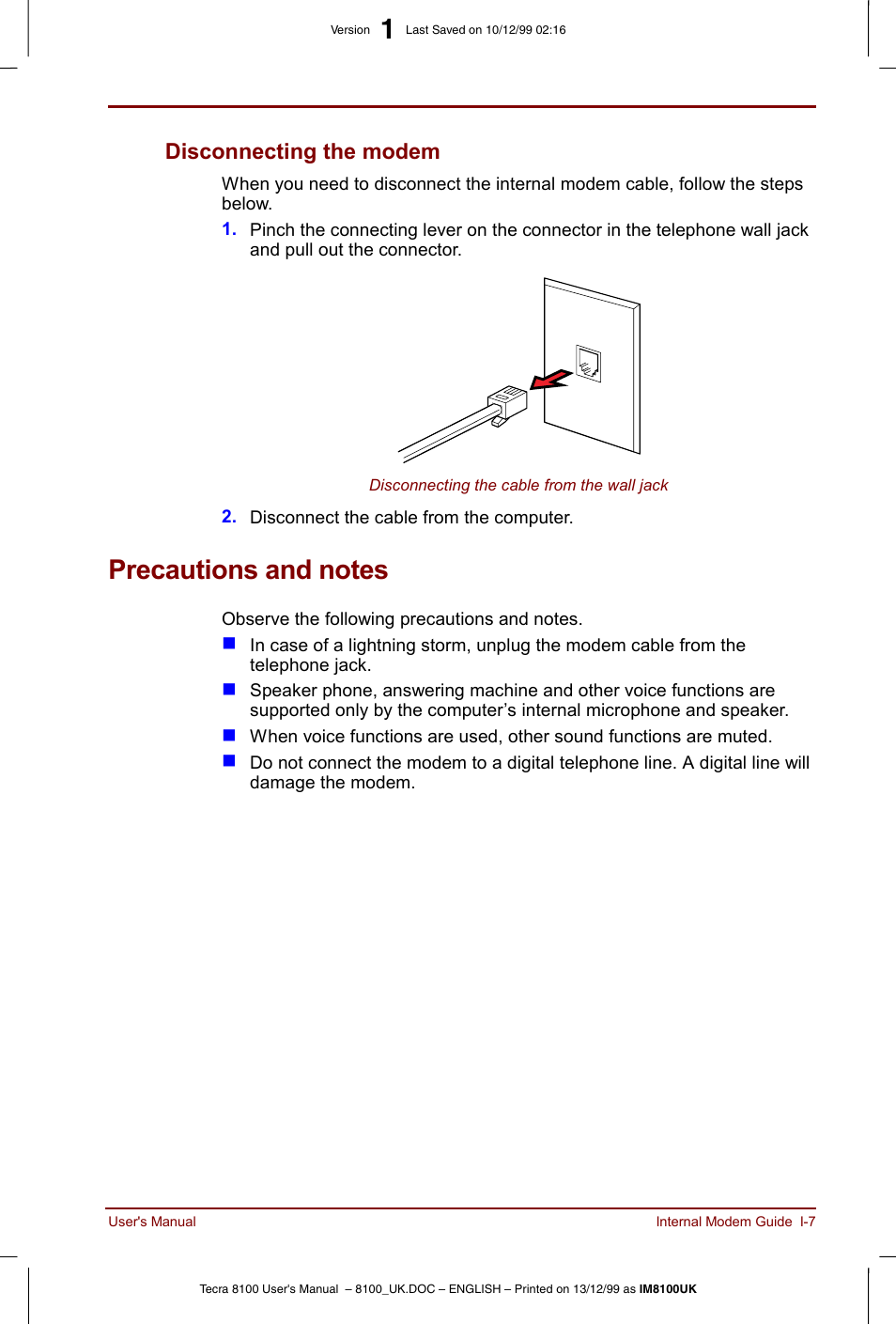 Disconnecting the modem | Toshiba Tecra 8100 User Manual | Page 205 / 226