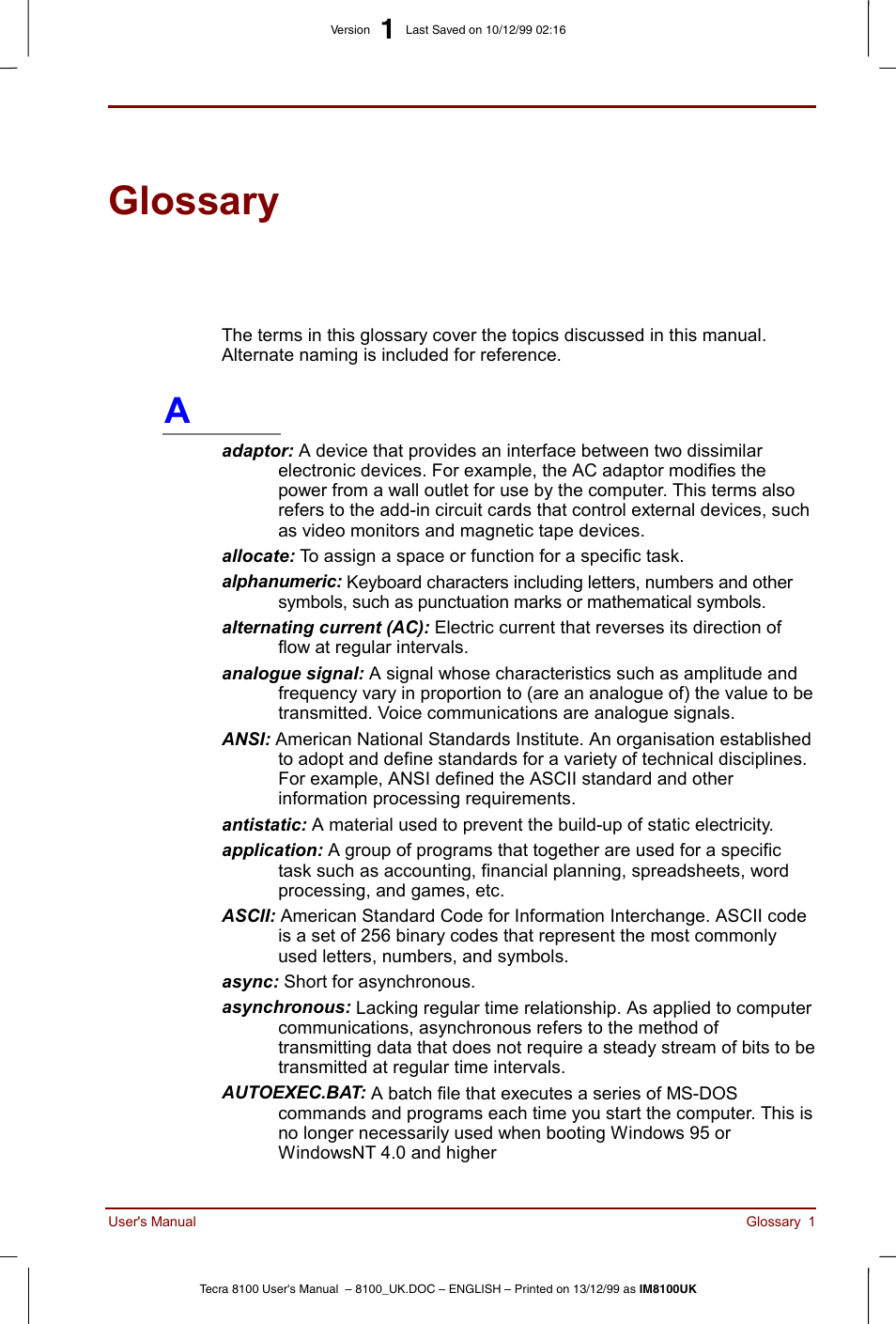 Glossary, Defines general computer terminology | Toshiba Tecra 8100 User Manual | Page 207 / 226