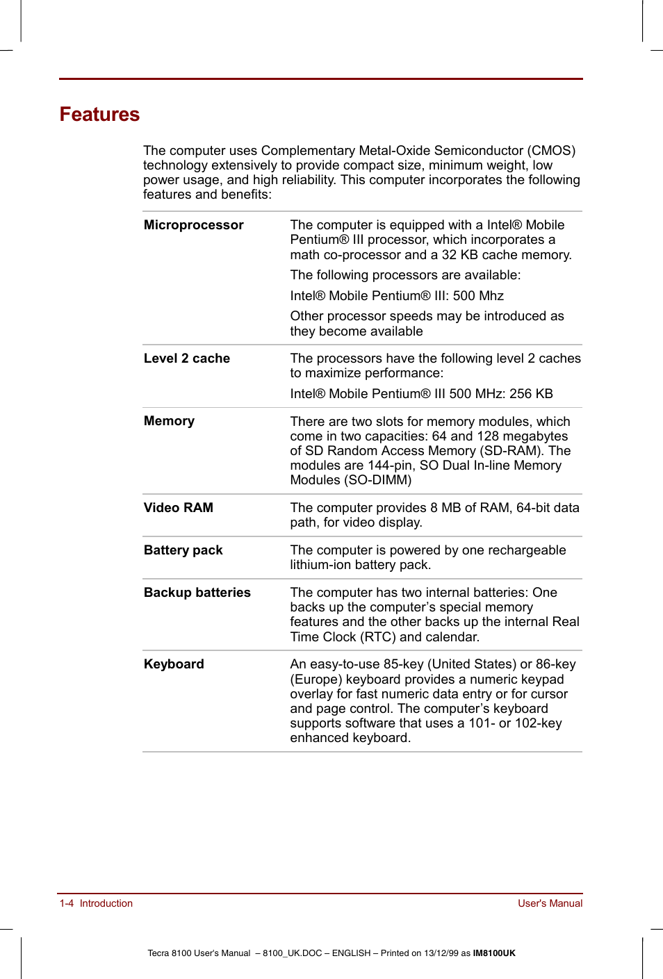 Features, Features -4 | Toshiba Tecra 8100 User Manual | Page 24 / 226