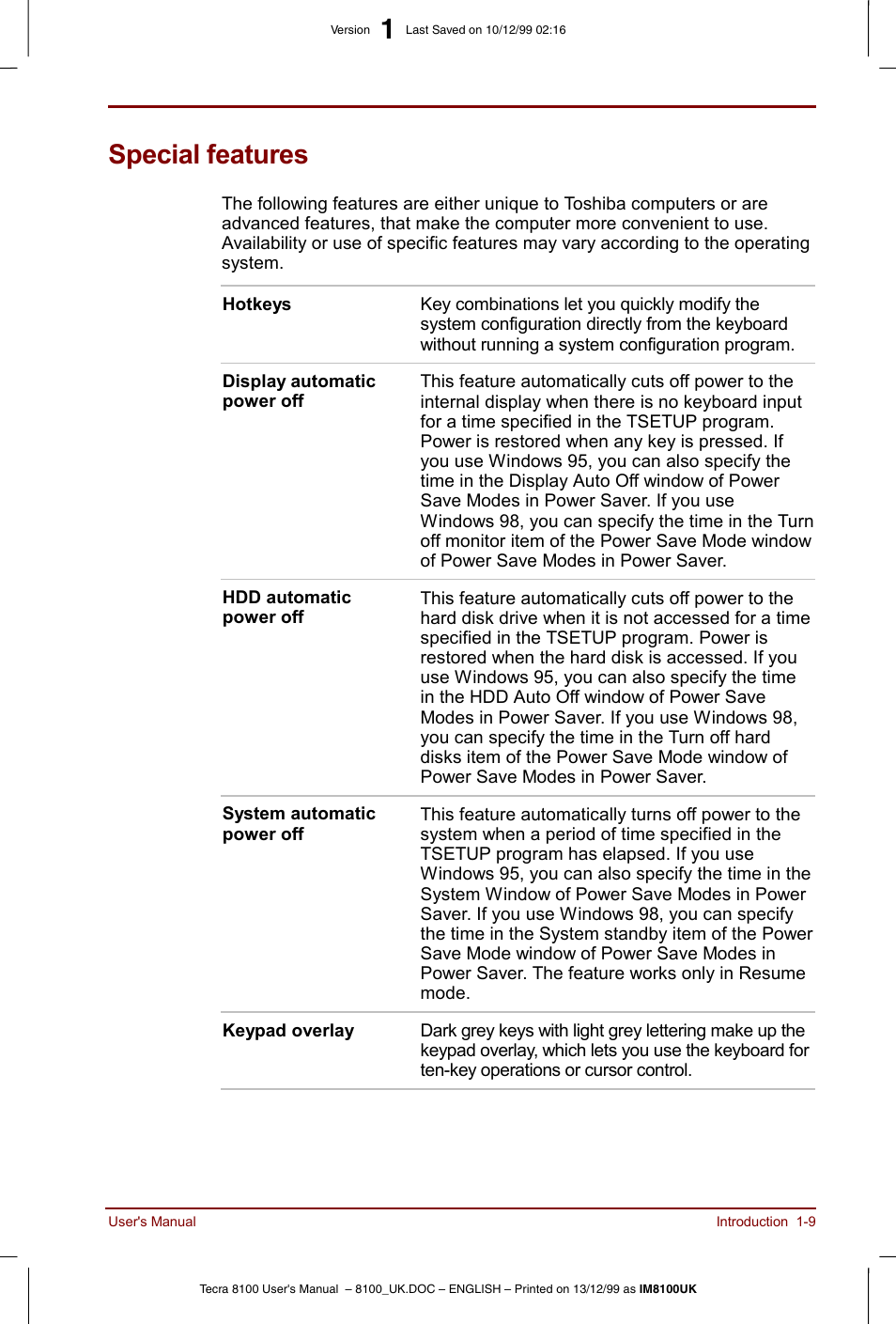 Special features, Special features -9 | Toshiba Tecra 8100 User Manual | Page 29 / 226