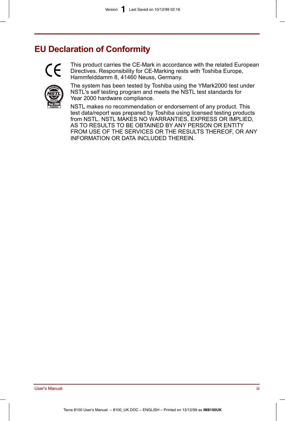 Eu declaration of conformity | Toshiba Tecra 8100 User Manual | Page 3 / 226