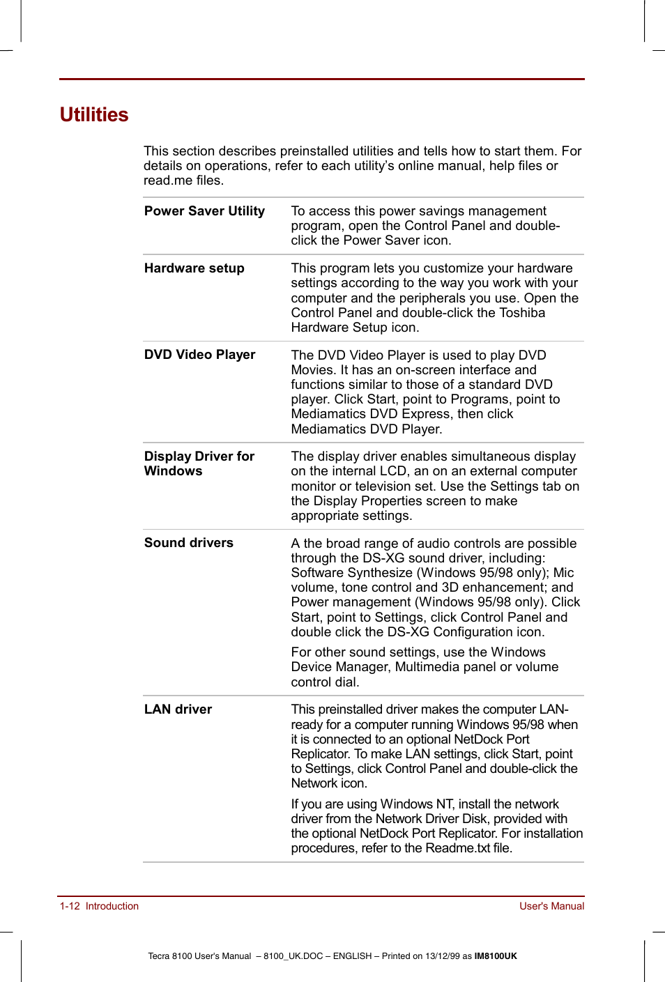 Utilities, Utilities -12 | Toshiba Tecra 8100 User Manual | Page 32 / 226