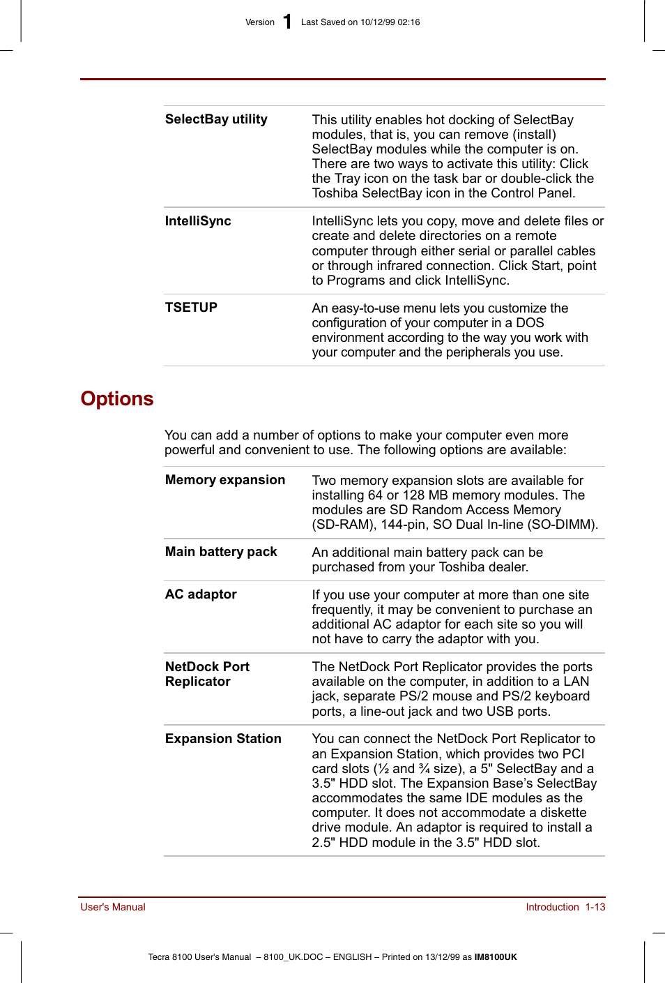 Options, Options -13 | Toshiba Tecra 8100 User Manual | Page 33 / 226