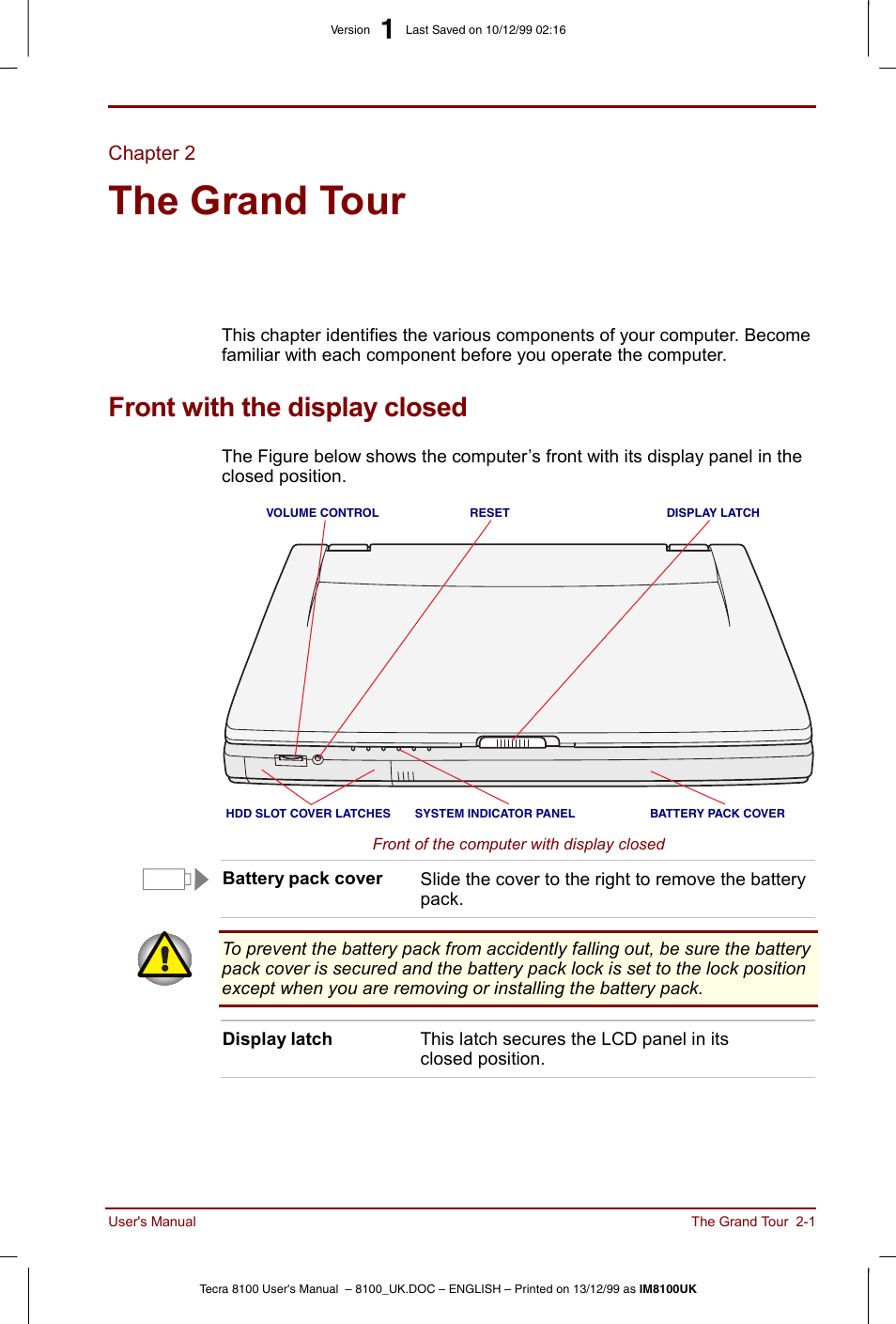 Chapter 2, The grand tour, Front with the display closed | Chapter 2 the grand tour, Front with the display closed -1, Hapter 2, Identifies the components of the computer | Toshiba Tecra 8100 User Manual | Page 35 / 226