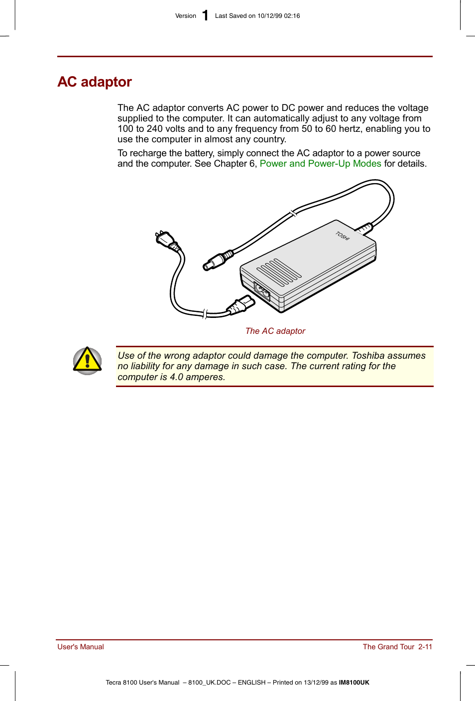 Ac adaptor, Ac adaptor -11 | Toshiba Tecra 8100 User Manual | Page 45 / 226