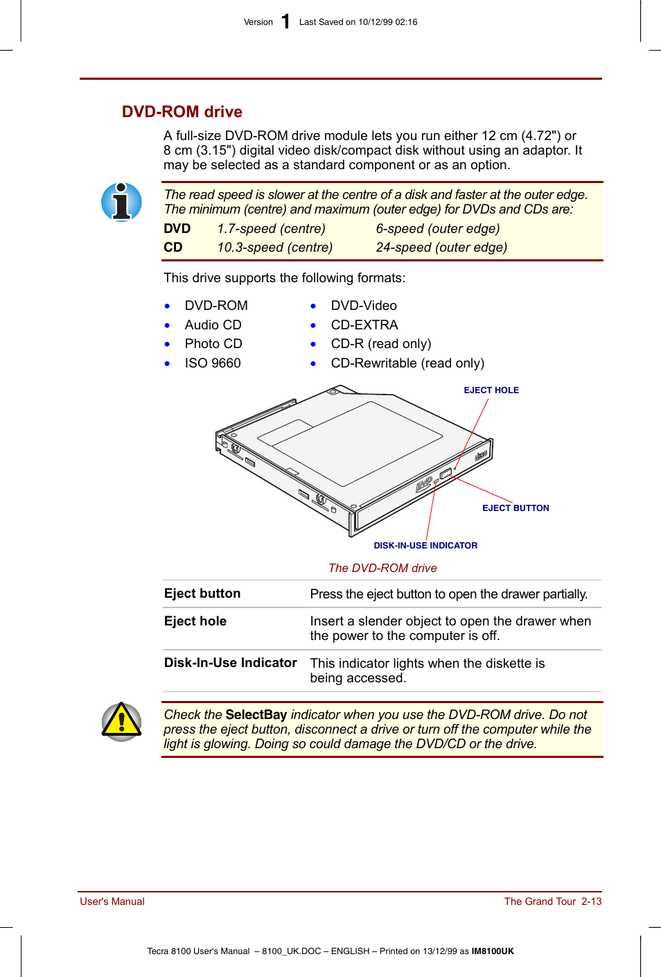 Dvd-rom drive -13, Dvd-rom drive | Toshiba Tecra 8100 User Manual | Page 47 / 226