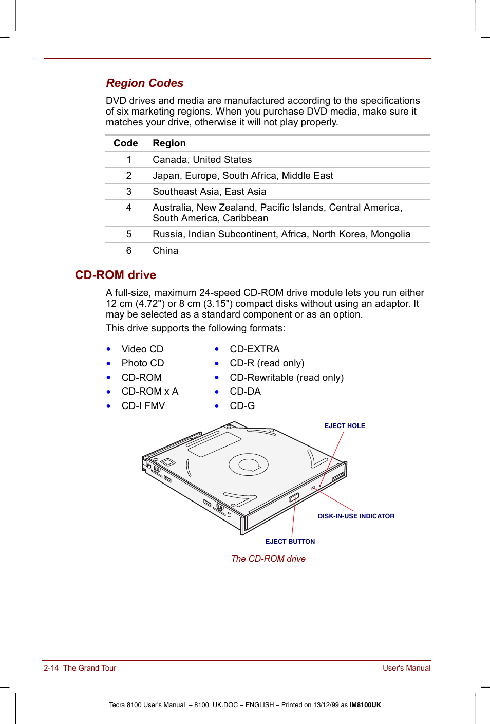 Cd-rom drive -14, Cd-rom drive, Region codes | Toshiba Tecra 8100 User Manual | Page 48 / 226