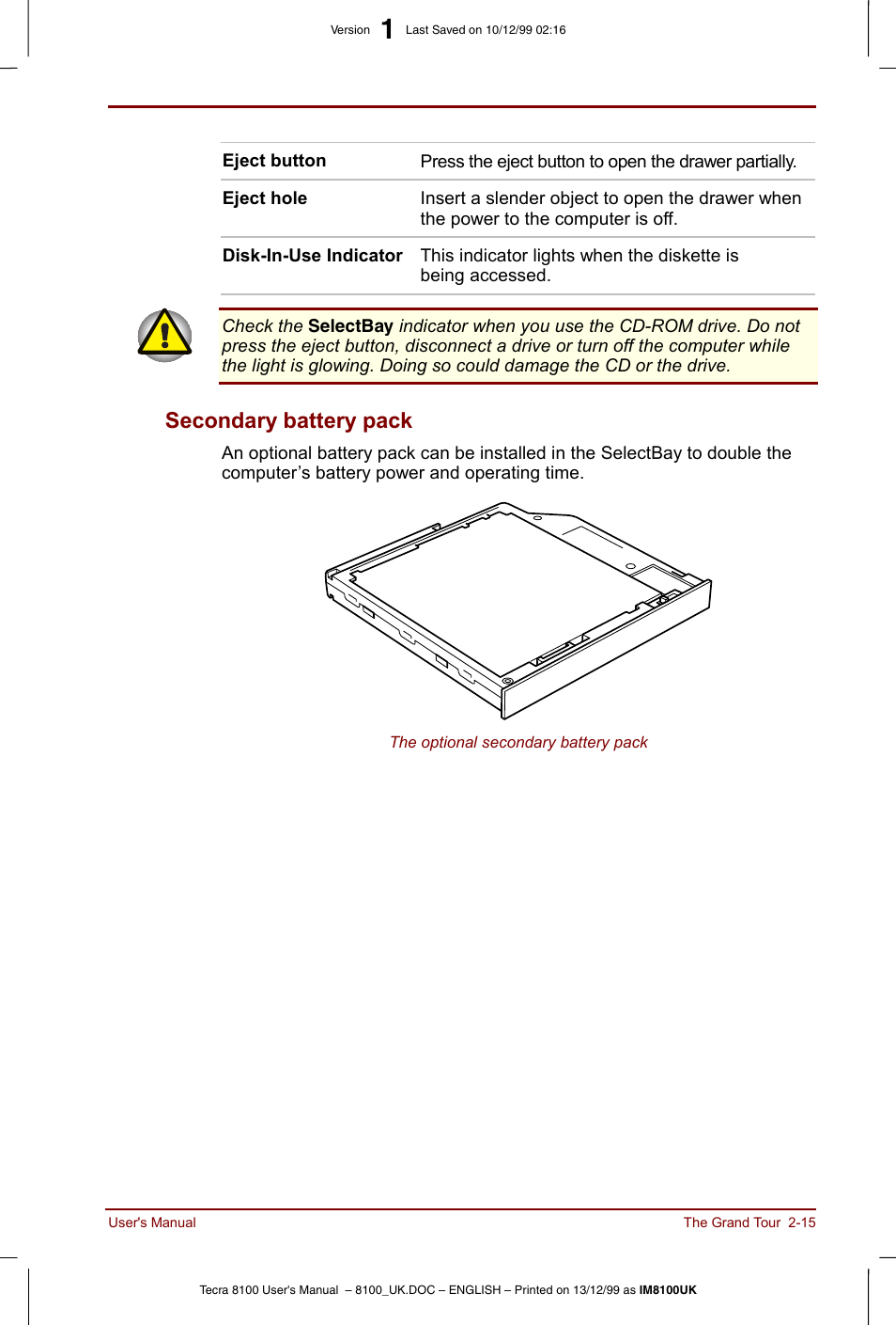 Secondary battery pack -15, Secondary battery pack | Toshiba Tecra 8100 User Manual | Page 49 / 226