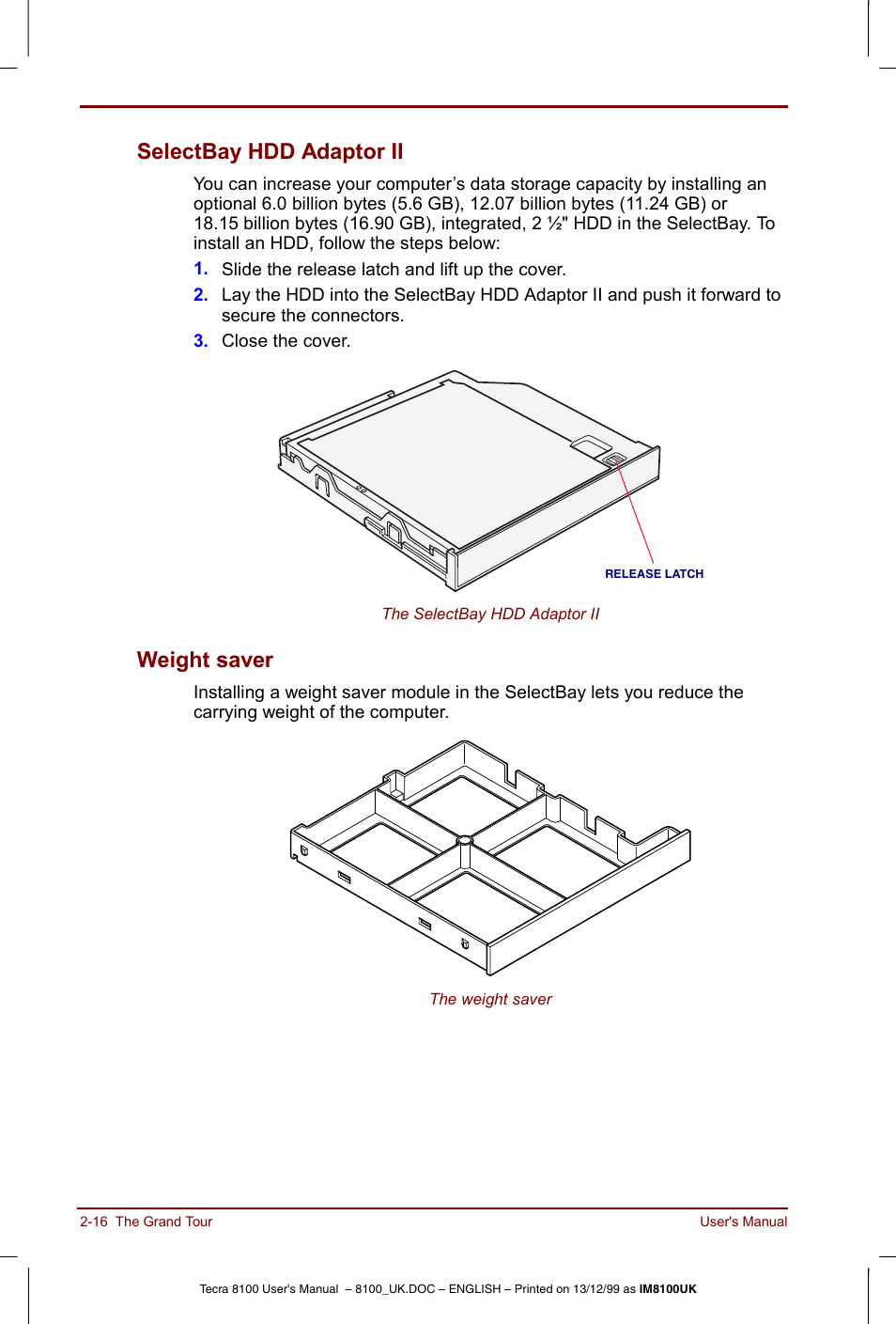 Selectbay hdd adaptor ii -16 weight saver -16, Selectbay hdd adaptor ii, Weight saver | Toshiba Tecra 8100 User Manual | Page 50 / 226