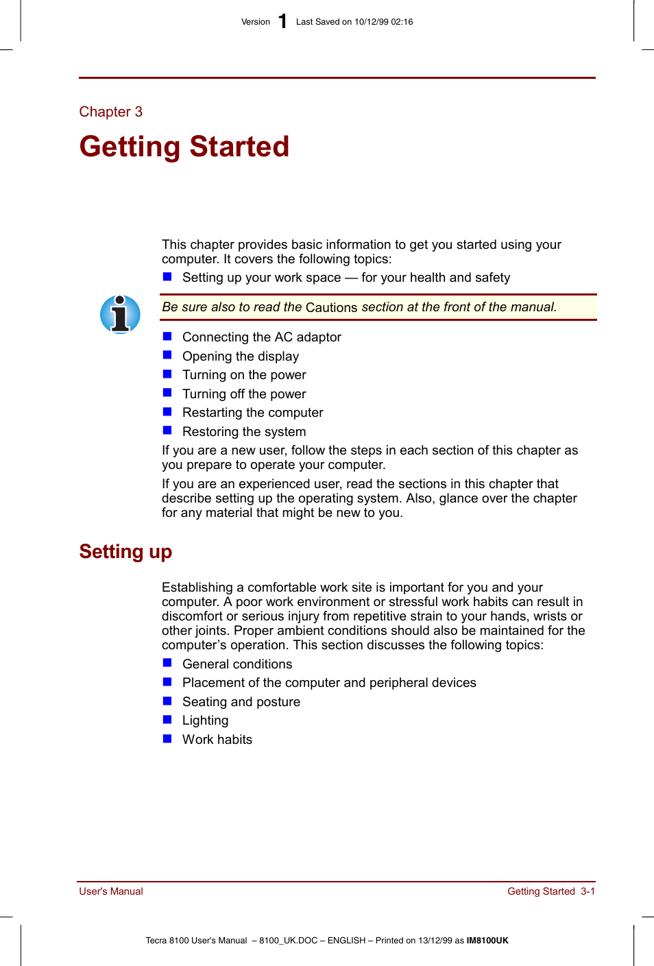 Chapter 3, Getting started, Setting up | Chapter 3 getting started, Setting up -1, Hapter 3, Prov | Toshiba Tecra 8100 User Manual | Page 51 / 226