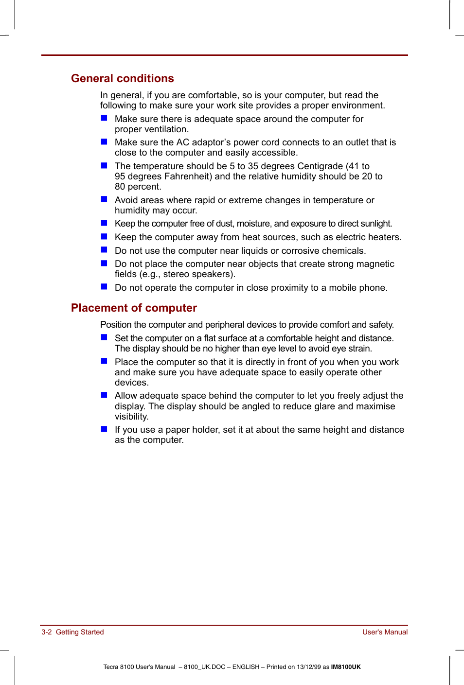 General conditions -2 placement of computer -2, General conditions, Placement of computer | Toshiba Tecra 8100 User Manual | Page 52 / 226